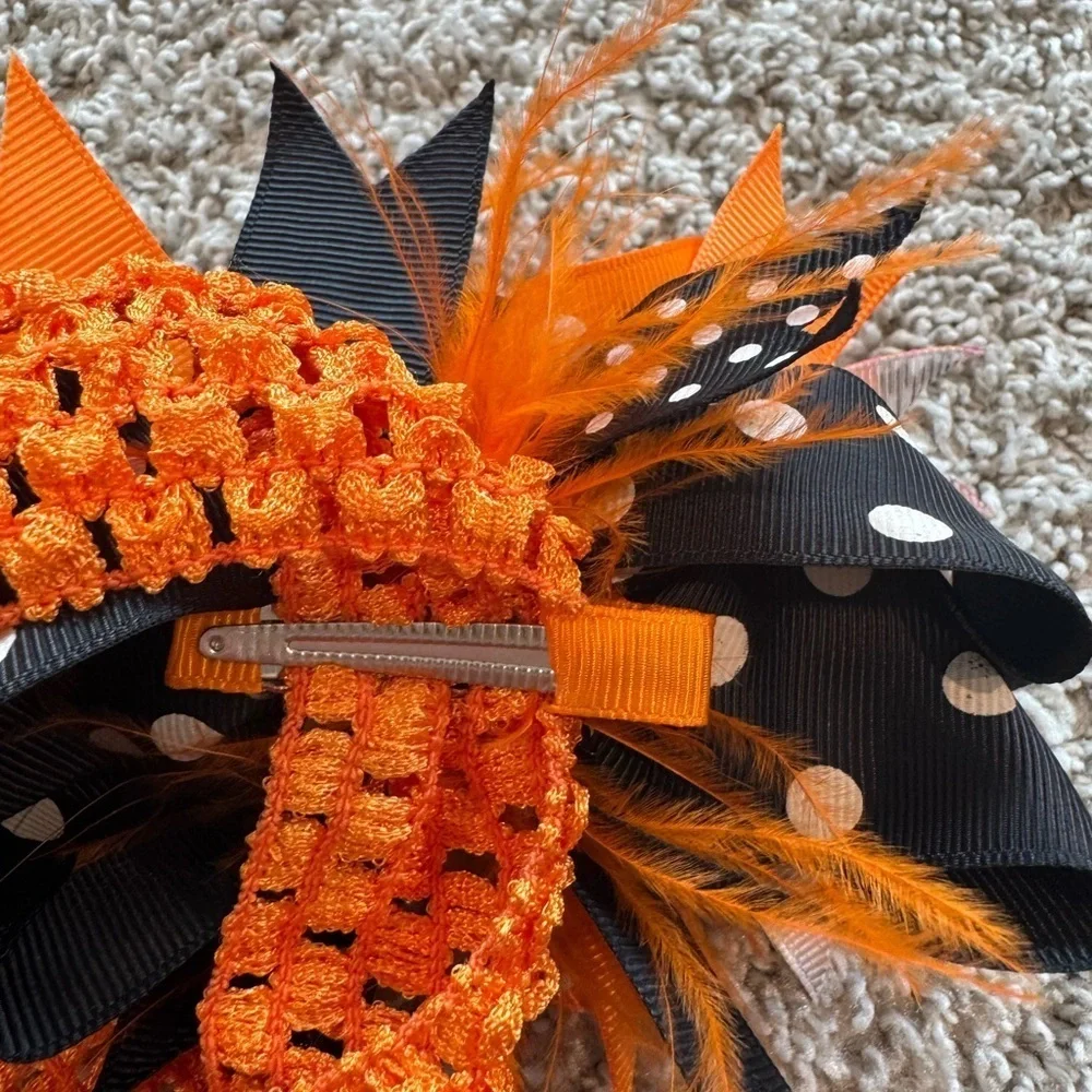 Baby girls halloween headband Orange and Black Hair Bow with Feathers festive